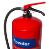 Close-up of the head of a thomas glover 9kg monnex powder extinguisher showing the handle, gauge, and hose connection