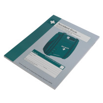 angled accident report book with a green and grey cover featuring an illustration of a first aid kit and text fields for information
