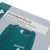Close up front view of accident report book showing part of first aid kit image and written instructions on cover