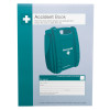Front cover of an accident report book with a green stripe and illustration of a first aid kit on a pale background