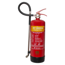 Close-up front view of Tgffwc6 Thomas Glover Fluorine Free 6Ltr Wet Chemical Fire Extinguisher showing label and hose
