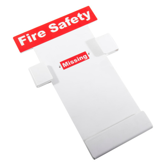 Angled view of a white fire log book wall holder with red Fire Safety and Missing labels