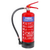 Front view of a powerx 4kg powder extinguisher showing red cylinder with label and hose attached