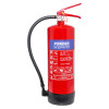 front view of a red powerx 6kg powder extinguisher with label and hose attached on a white background