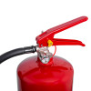 Close-up of the handle on a red powerx 6kg powder extinguisher showing the pressure gauge and nozzle connection
