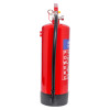 Side view of a red powerx 6kg powder extinguisher showing the hose and part of the label