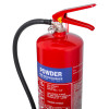 top view of powerx 6kg powder extinguisher showing red body, pressure gauge, and hose attached to the side