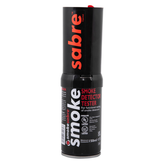 Front view of smoke sabre aerosol smoke detector tester with black can and red accents