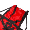 Top view of a red emergency evacuation sheet showing black straps and buckles against a white background