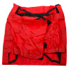 emergency evacuation sheet made of red fabric with black straps unrolled and laid flat on a white background