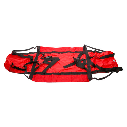emergency evacuation sheet unrolled flat showing red fabric and black straps against a white background