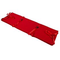 Thorpe Mill emergency evacuation sledge unfolded and laid flat showing red straps and buckles