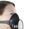 Close-up of a person wearing a black protective mask shown with the ultrafire custom site stand on a plain background
