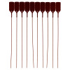 Brown tamper seals arranged in a row showing each seal with a long thin tail and a flat rectangular head