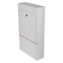 angled view of a white mailsafe residential mailbox showing the front and side panels with a lock near the top