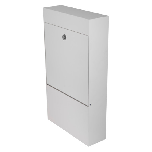 angled view of a white mailsafe residential mailbox showing the front and side panels with a lock near the top