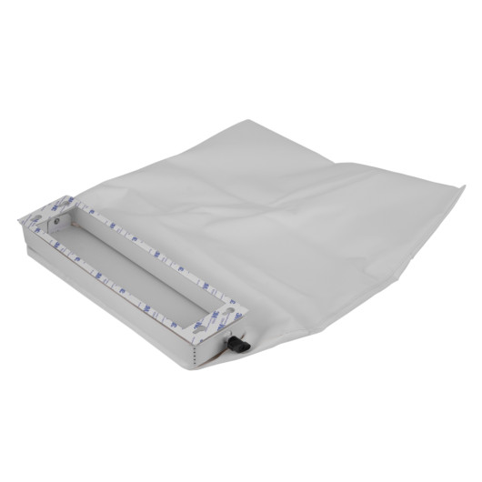 Back view of the mailsafe mailguard protection bag showing its open end with seal and white material