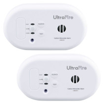 Two identical UltraFire carbon monoxide alarms, model UBC01, side by side, each featuring labeled buttons and indicator lights for safety monitoring.