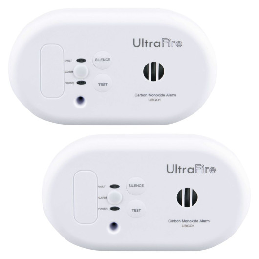 Two identical UltraFire carbon monoxide alarms, model UBC01, side by side, each featuring labeled buttons and indicator lights for safety monitoring.