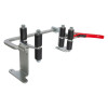 Angled view of an Ultrafire extinguisher servicing clamp showing metal frame with black rollers and a red handle