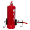 Ultrafire extinguisher servicing clamp attached to the bottom of a red extinguisher with white background