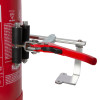 Close up of ultrafire extinguisher servicing clamp attached to a red extinguisher