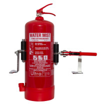 Red Ultrafire extinguisher servicing clamp attached to a red fire extinguisher shown on a white background