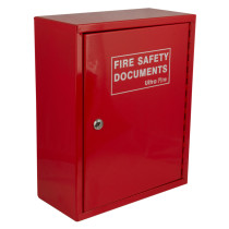 angled view of an ultrafire fire safety document box in red with a front door and key lock