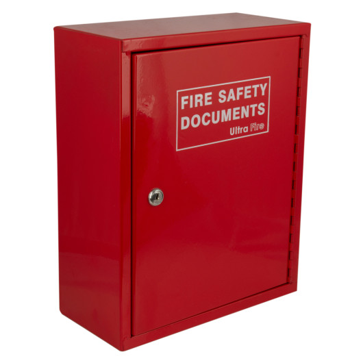 angled view of an ultrafire fire safety document box in red with a front door and key lock