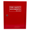 Front view of an ultrafire fire safety document box in bright red with a lock and label on the door