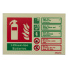 Front view of lithium ion batteries id sign showing fire extinguisher symbol and safety instructions in green and red text