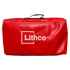 Red Lithco lithium ion pallet cover shown folded and stored inside a red bag with a black handle