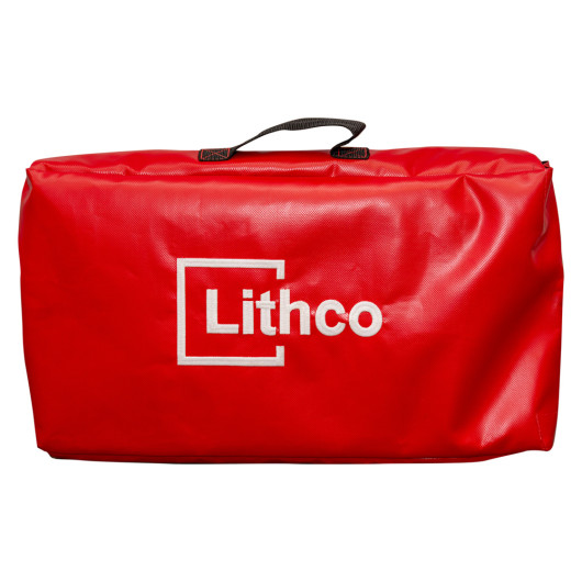 Red Lithco lithium ion pallet cover shown folded and stored inside a red bag with a black handle