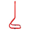 Side view of a single red extinguisher stand showing its curved metal frame and base support