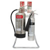 a front shot of a double chrome fire extinguisher stand with a chrome water fire extinguisher and chrome CO2 fire extinguisher with their relevant ID signs