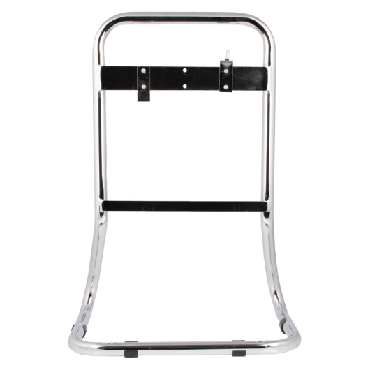 Front view of a double chrome extinguisher stand with curved frame and black mounting bracket