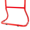 Bottom view of the red metal frame of the double red extinguisher stand with black grips on the base