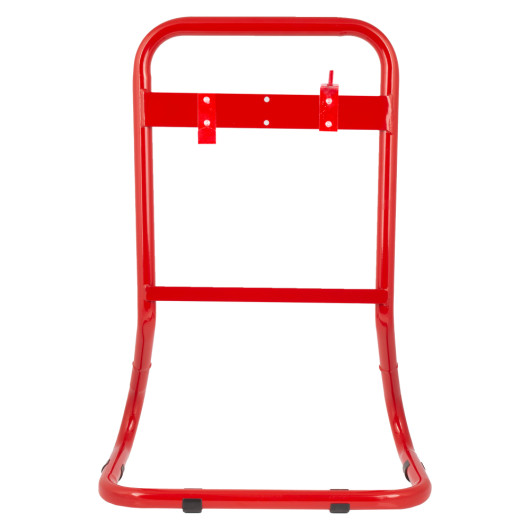 Front view of a double red extinguisher stand showing its tubular metal frame and mounting features