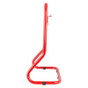 Side view of a double red extinguisher stand showing its tubular metal frame and base supports