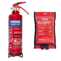 red powder fire extinguisher and red fire blanket in a pouch on white background