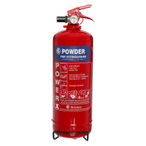 Front view of ultrafire 2kg powder extinguisher with mounting bracket attached