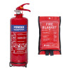red 2kg powder fire extinguisher with red fire blanket on a white background
