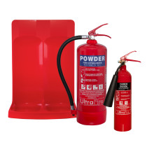 6kg powder and 2kg co2 fire extinguishers on a red double stand from the 6kg powder 2kg co2 double stand offer
