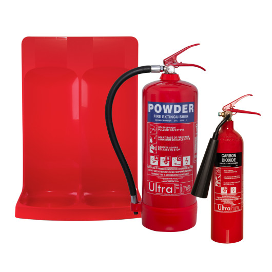 6kg powder and 2kg co2 fire extinguishers on a red double stand from the 6kg powder 2kg co2 double stand offer