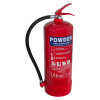 Angled view of an ultrafire 9kg powder extinguisher showing the label and hose attached to the top
