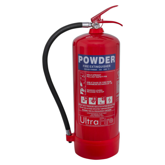 Front view of the ultrafire 9kg powder extinguisher showing label and handle