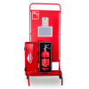 ultrafire fire safety site stand with cabinet shown from the front with the cabinet door open revealing a fire extinguisher inside
