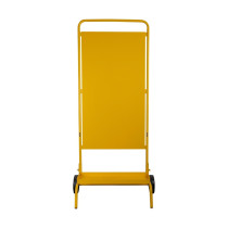 yellow rectangular frame with two black wheels and a solid panel without vinyl