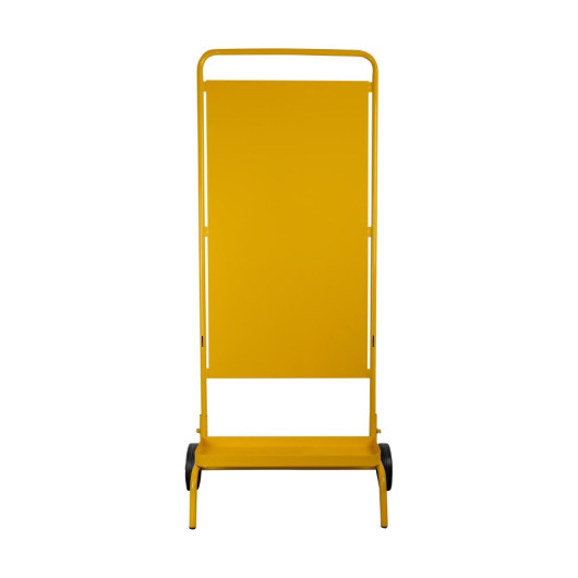 yellow rectangular frame with two black wheels and a solid panel without vinyl