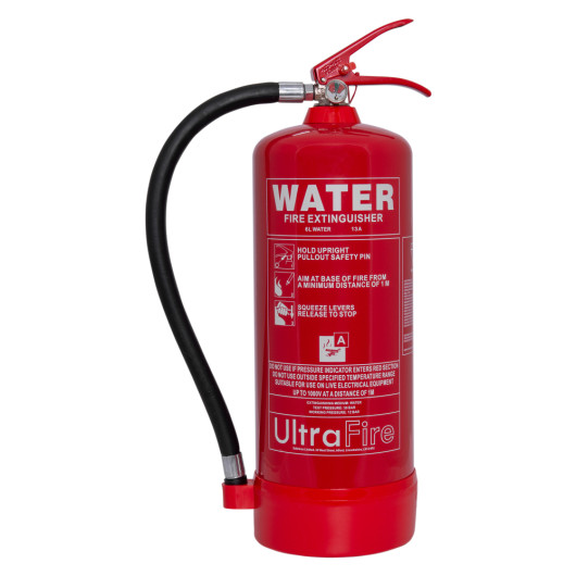 Front view of an Ultrafire 6L water extinguisher showing red body with hose and labelled instructions